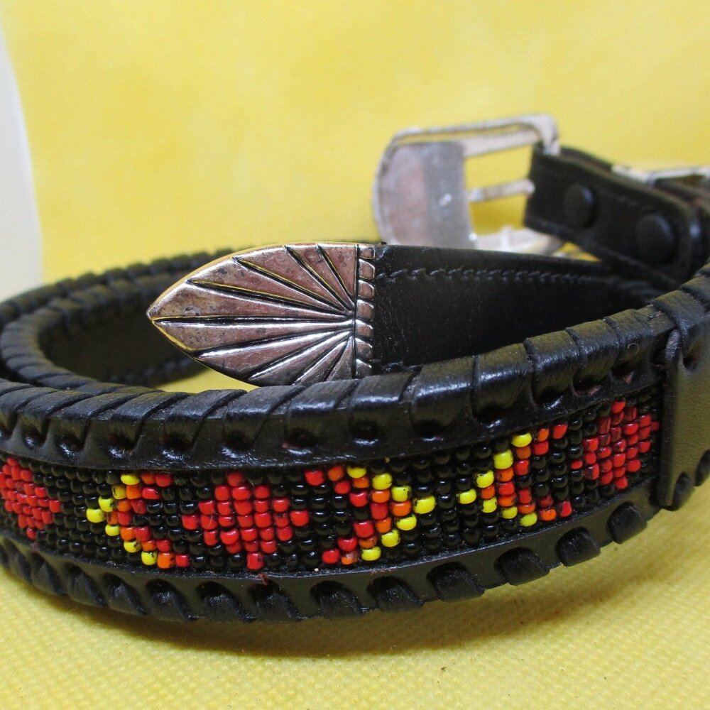 Seed Bead Black Genuine Leather Belt Silver Tone Buckle South Western Bead Bel5